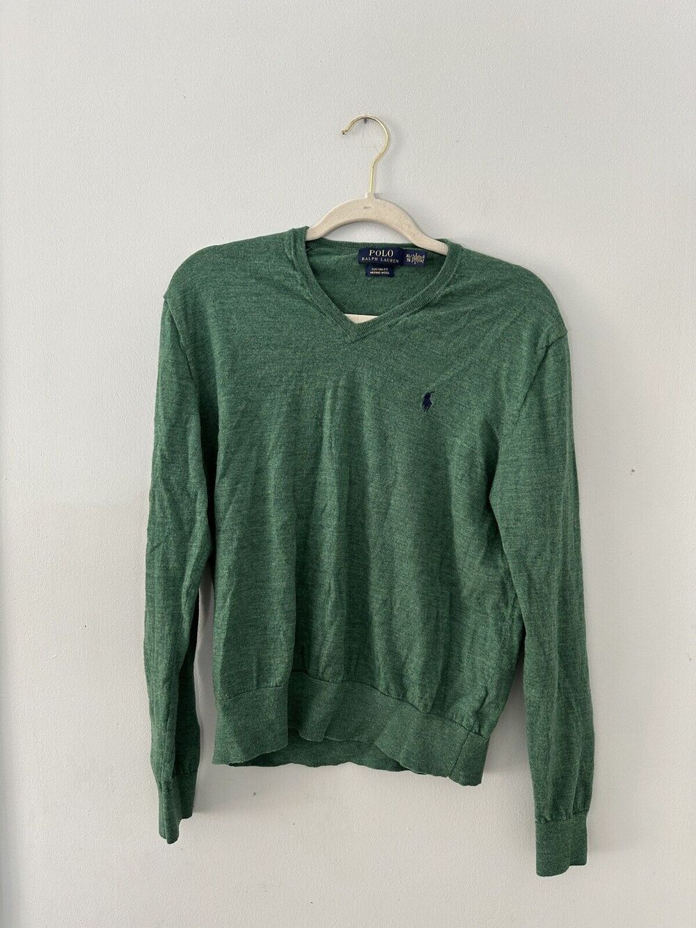 Polo Ralph Lauren Classic Merino Wool Sweater Green V Neck Custom Fit